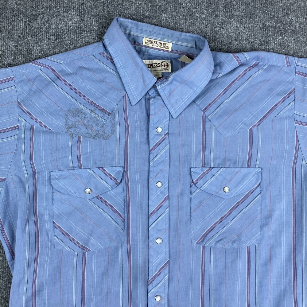 Sheplers Western Shirt Mens L Blue‎ Stripe Short Sleeve Pearl Snap Cowboy